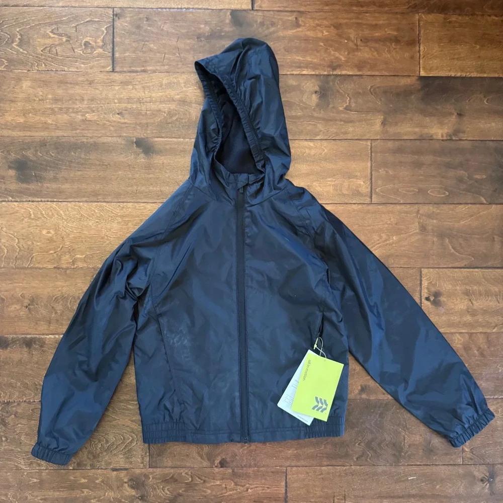 All in Motion Kids Black Hooded Windbreaker Jacket Water Wind Resistant M 8